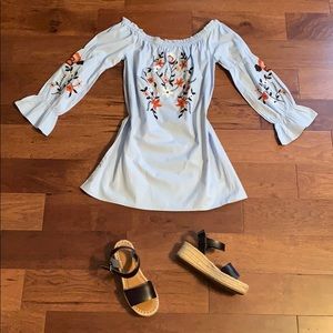 Off the shoulder, baby blue with floral embroidery